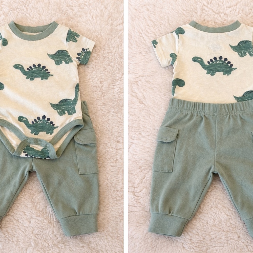 Baby Essentials Dino Outfit Set 0-3M 🦕 Green Neutral 2-Piece Set